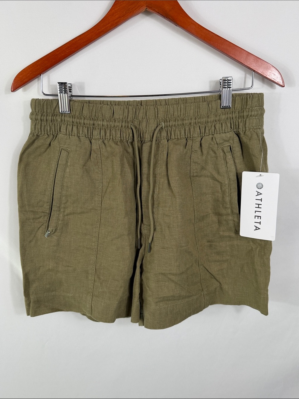 Athleta Retreat Linen Short Olive Green High-Waist Drawstring Womens size S. NWT